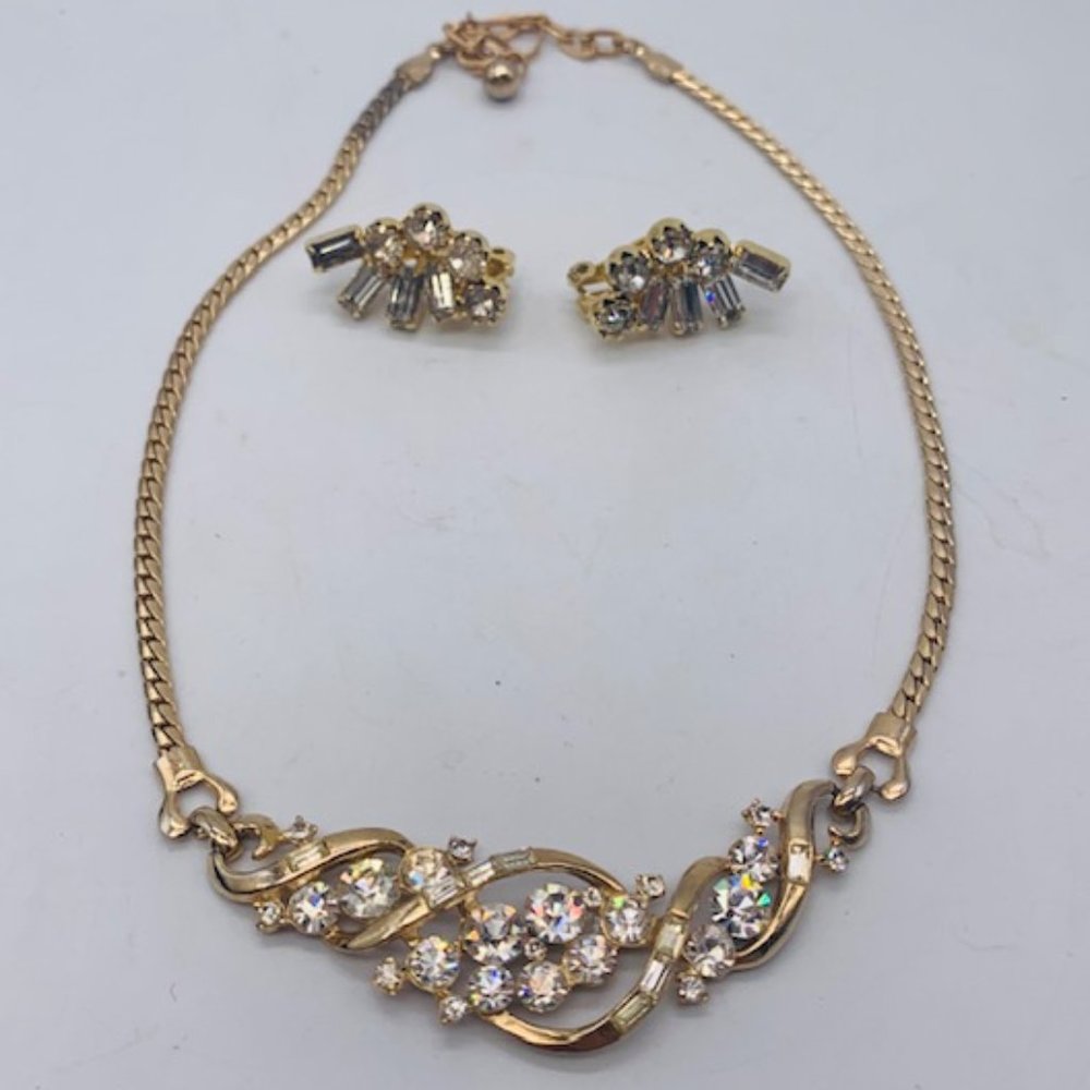 Signed Coro Gold Tone Rhinestone Choker /Earrings